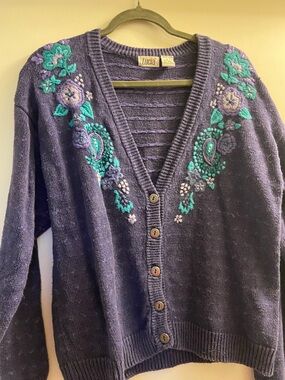 Vintage Purple Embroidered V-Neck Cardigan Sweater